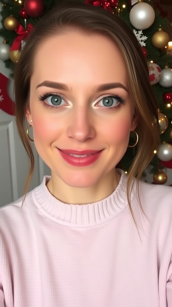 Casual Christmas Makeup Look Casual Christmas makeup look with glowing skin, soft eyes, and a natural lip color.
